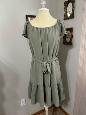 DKNY Sage Green Dress with Tie Waist and Ruffle Hem